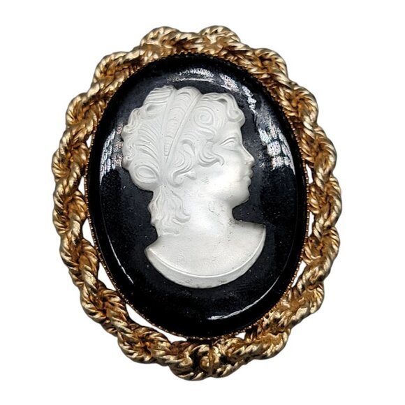 Black & Frosted Glass Cameo Brooch Gold Tone Vintage Victorian Lady Pin - Picture 14 of 14